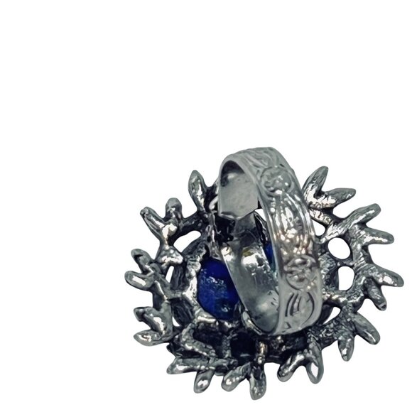 Silver Tone And Blue Lucite Floral Adjustable Ring (R464) - Picture 6 of 8